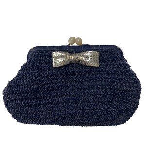 Vintage Josef Clutch Navy Crochet Silver Mesh Bow Evening Bag Made in Italy